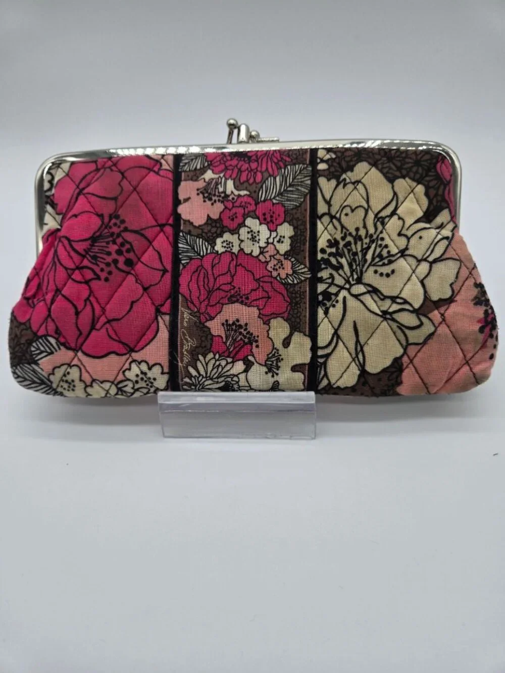 Retired Vera Bradley Mocha Rouge Double Kiss Lock Clutch Wallet Floral Purse
